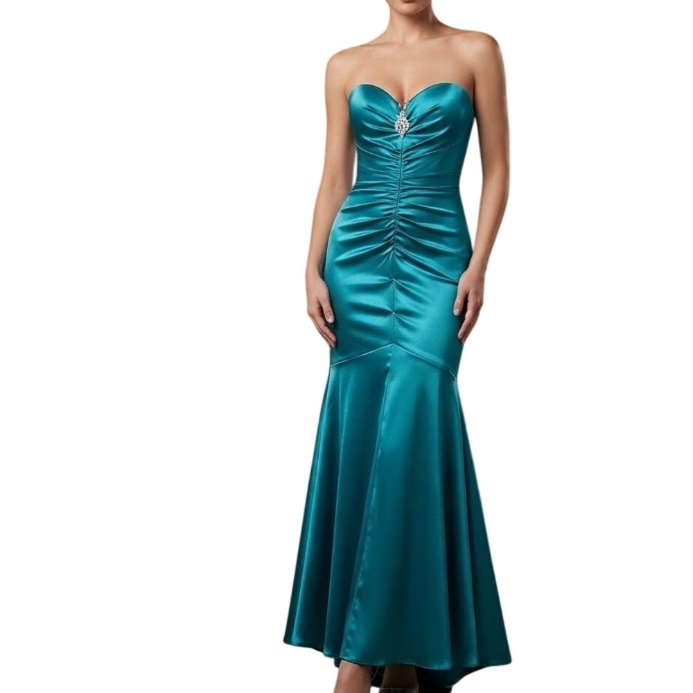 Vintage Xscape Teal Satin Rhinestone Mermaid Evening Gown Dress Y2K Glam